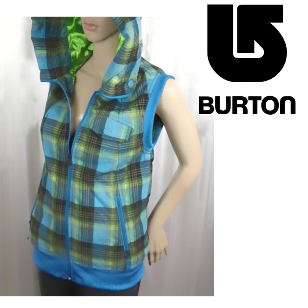 EUC Burton Snow Vest Green Blue Black Plaid XS